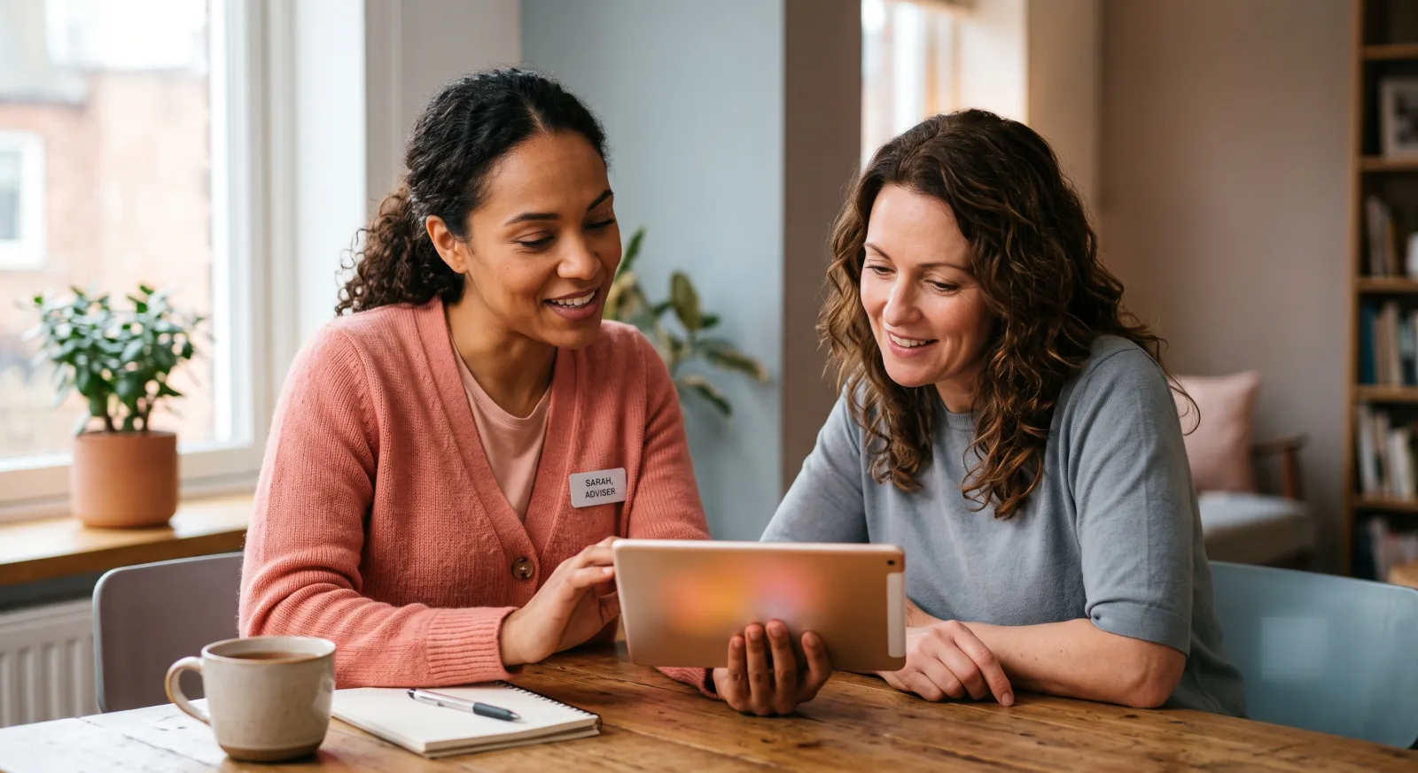 An adviser sitting beside a client at a kitchen table, the two of them looking together at a tablet as they talk through a nerve conduction study report.
